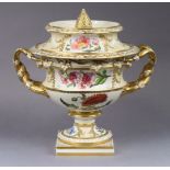 An early 19th century Derby porcelain ‘Warwick vase’ urn & cover with finely painted flower sprays
