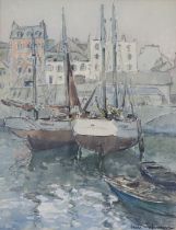 French School, early 20thC. Moored fishing vessels in a harbour, signed Cahouns(?), Watercolour: