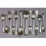 Five William IV silver Old English dessert forks, London 1833 by Wm. Bateman II; another,