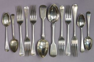 Five William IV silver Old English dessert forks, London 1833 by Wm. Bateman II; another,