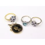 Two 9ct. gold gem-set dress rings; a gilt-metal ditto set synthetic stones; & an enamel decorated