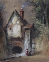 JOSHUA CRISTALL (1767-1847) Children fishing beside a watermill, signed in pencil, watercolour