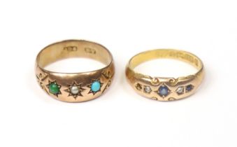 A late Victorian 15ct. gold ring set three small sapphires (one missing) & two tiny rose diamonds,