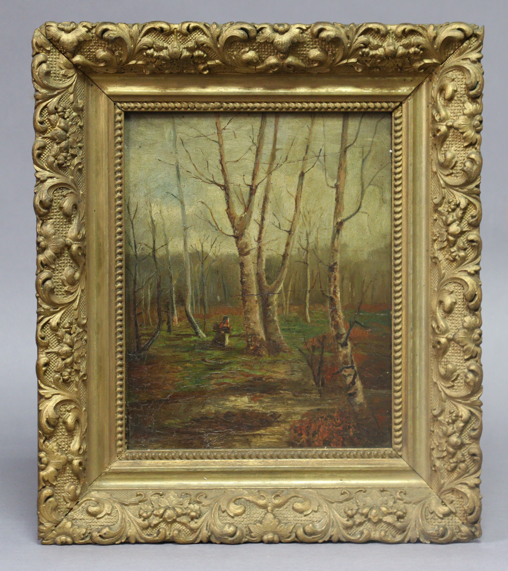 ENGLISH SCHOOL, 19th century. A wooded landscape with figure gathering firewood, Oil on panel: - Image 3 of 7