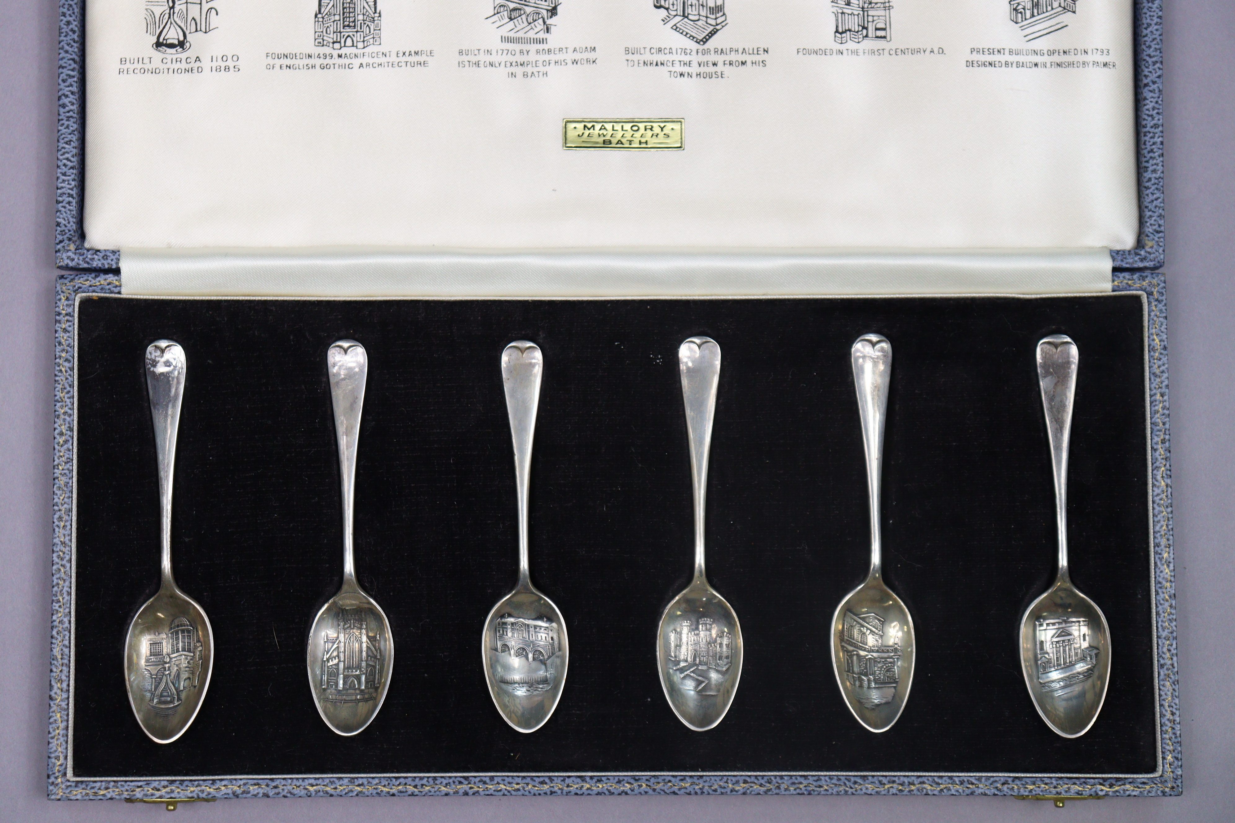 A set of six silver City of Bath Hanoverian picture-bowl teaspoons depicting notable architectural - Image 2 of 5