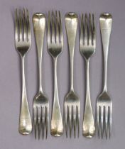 Six George III silver Old English table forks; London 1800, by Wm. Eley & Wm. Fearn. (12.4 oz).