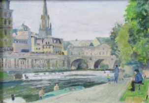 JASPER ROSE (1930-2019) A view of Pulteney Bridge, Bath. Signed, Oil on board: 13cm x 18cm, in