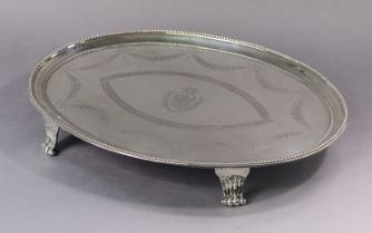 An Irish Geroge III silver oval tray with beaded rims to the raised border, the centre engraved with
