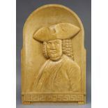 A modern relief-carved softwood rectangular plaque depicting half-length portrait of Beau Nash,