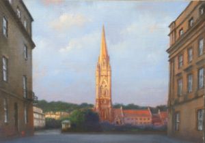 PHILIP BOUCHARD (b. 1952) St. John The Evangelist’s Church, Bath, from Manvers Street. Signed, Oil