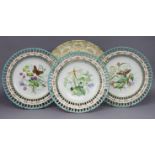 Three Minton porcelain dessert plates with pierced turquoise & gilt rims, the centres finely painted