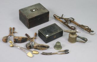 Two black Morocco leather-covered jewellery boxes; a pair of cobbler’s trees; a Sievert blow