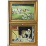 Two large 20thC oil paintings each depicting a pack of dogs, both signed indistinctly, 50cm x
