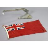 A galvanised-metal 25lb boats anchor; & a Union-Jack flag.