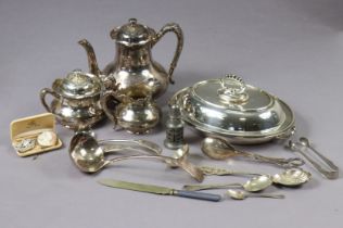 A silver-plated oval entrée dish; a silver plated three-piece tea service; & various items of plated