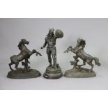 Two Spelter Marley horse ornaments, 50cm high; & a Spelter warrior figure, 56cm high (w.a.f.).