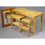 A pine kitchen table with a rectangular top & on four square legs, 120cm wide x 73cm high x 50.5cm