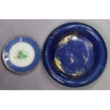 A 19th century crescent China blue-ground shallow basin with overturned rim & gilt landscape