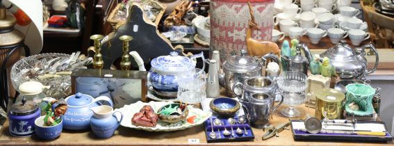 A pair of brass candlesticks, 18.5cm high; various items of platedware; two wall barometers;