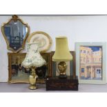 A gilt frame shield-shaped wall mirror, 60cm x 45cm; four decorative pictures; two table lamps; &