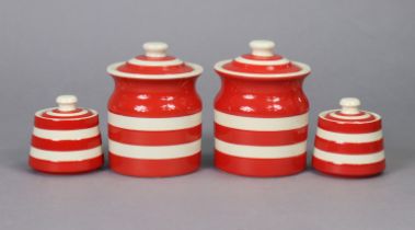 A pair of T.G. Green & Co. storage jars with red & white bands, 16.5cm high; & a ditto smaller pair,