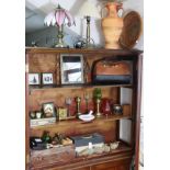 A brass table lamp with a leaded & mottled-glass shade; an index card chest, 42.5cm x39cm; &