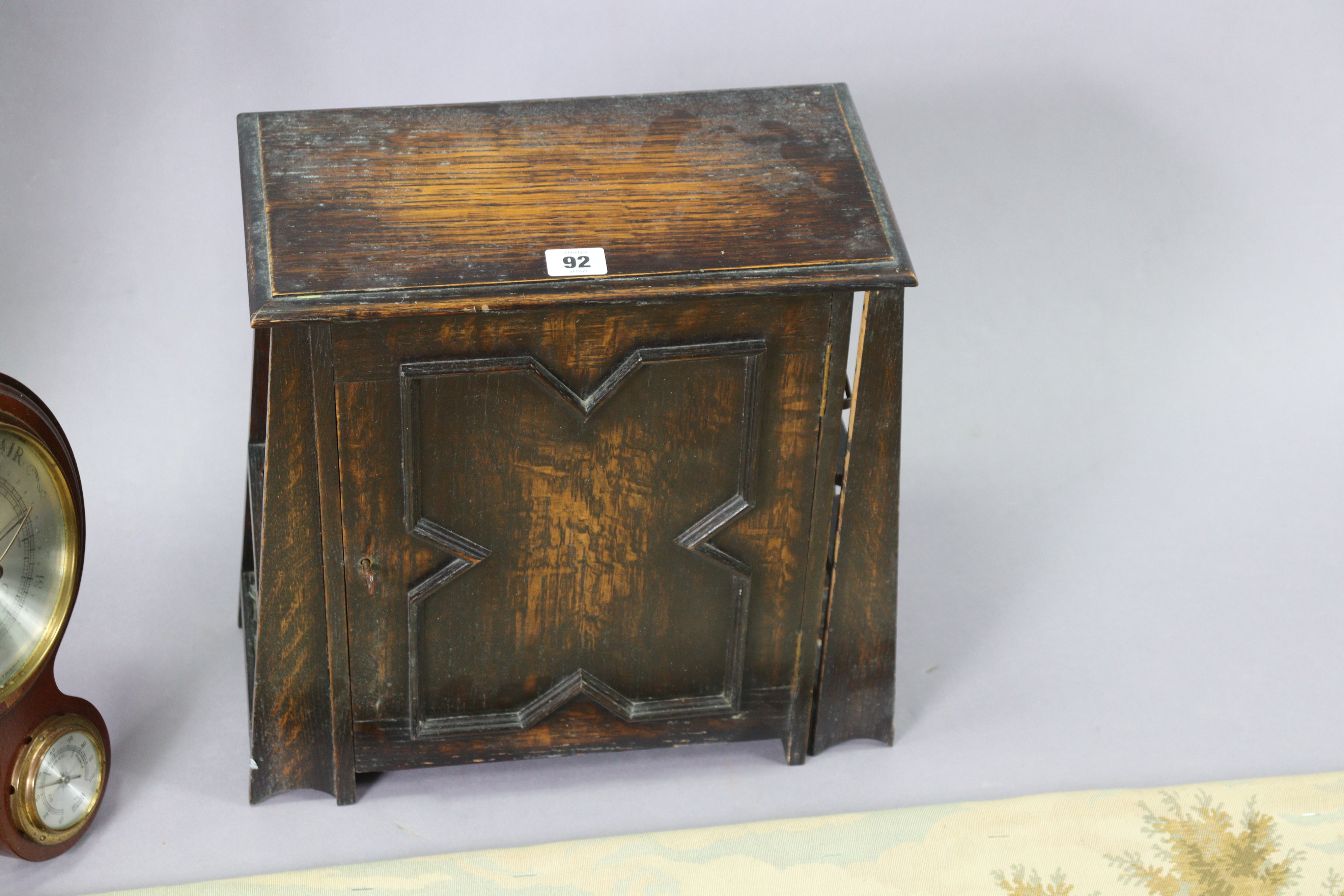 An oak pipe-smokers cabinet enclosed by a panel door, 35cm x 39cm; a wall tapestry; a wall - Image 3 of 6