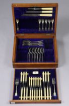 A vintage part canteen of plated & stainless-steel cutlery (some with ivorine handles), comprising