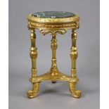 A 19th century-style giltwood marble-top circular occasional table on three turned supports & scroll