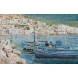 An oil painting on canvas of a Mediterranean coastal scene, signed indistinctly lower right, 45cm x