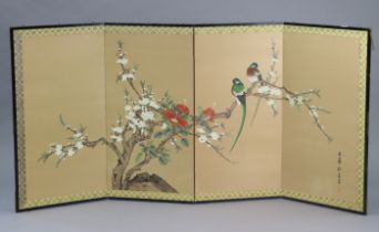 A Chinese ebonised-frame four-fold dwarf draught screen, with painted foliate silk panels, 91.5cm