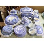 A Mason’s ironstone china blue & white “Vista” three-piece tea set; a ditto vegetable tureen;