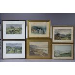 Three various watercolour paintings; a print after Sutton Palmer; & two coloured hunting prints, all