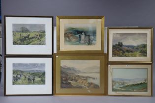 Three various watercolour paintings; a print after Sutton Palmer; & two coloured hunting prints, all