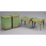 A pair of green & gold painted loom dressing table stools; & two matching linen boxes.