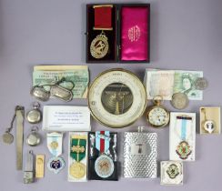 Two cigar cutters; seven various masonic regalia medals; two silver plated decanter labels, etc.