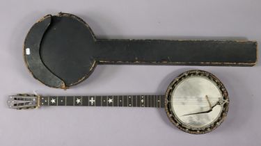 An early/mid-20th century banjo in a marquetry & mother-of-pearl inlaid mahogany case, 89.5cm