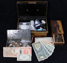 A collection of mostly foreign coins & banknotes, contained in a late 19th/early 20th century wood-
