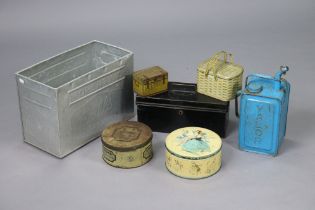 Five various advertising tins; a “Valor” petrol can; & a japanned-metal cashbox.