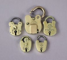 Five various Victorian small brass padlocks, lacking keys (various makers & sizes).