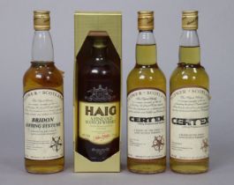 A bottle of Haigh fine old Scotch Whisky (75cl); & three bottles of Flowers of Scotland (70cl),