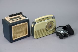 A Yashika “J-P” camera with lens & case; & two vintage radios.