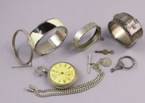 A Late Victorian silver-cased gent’s pocketwatch; a silver Albert; & four silver bangles.