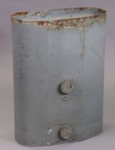 A light grey painted metal petrol tank, 43.5cm wide x 58.5cm high.