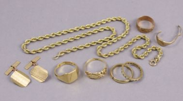 Six 9ct. gold rings; a 9ct. gold chain necklet; & a pair of 9ct gold cuff-links (28gm in total).