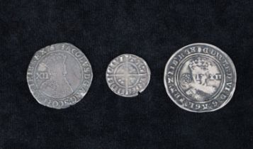 An Edward III (?) hammered silver long-cross penny; a ditto Edward VI Shilling; & a ditto James I