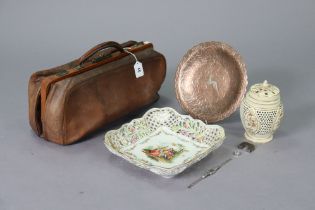 A Gladstone-type holdall, 42.5cm wide; a Persian pattern silvered-metal inlaid copper dish, 25cm