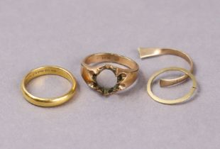A 22ct. gold wedding band (6.2gm); a yellow-metal ring stamped 14K; & two other yellow-metal rings.
