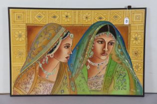 A modern mixed media picture depicting two Indian ladies in traditional dress, signed Nivu & dated