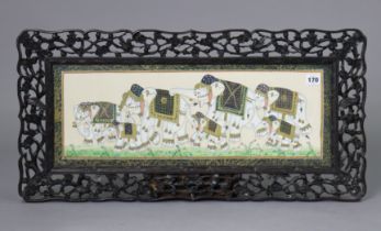 An Indian painted silk picture depicting a ceremonial procession of seven elephants, 22cm x 59.